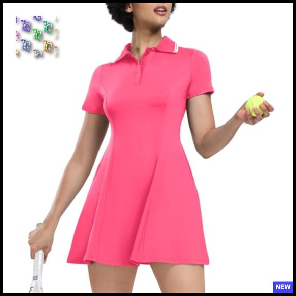 Tennis Dress Golf Athletic Short Sleeve High Waist A-Line Workout Dress - Picture 3 of 6